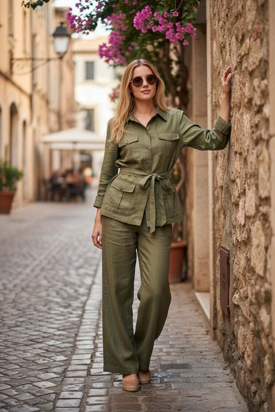 NWT Linen Blend Olive Utility Tie-Waist Pantsuit Jones New York